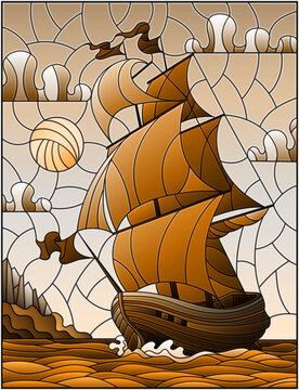 Illustration in stained glass style with sailboats with sails against the sky, the sea and the sunrise, tone brown