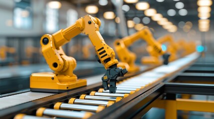 Fototapeta premium Automotive manufacturing, Team welding robots represent the industry's movement.