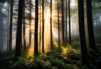 Obraz premium misty sunrise mountain woods, nature, scenery, hiking, landscape, fog, trees, serene, tranquil, beauty, outdoors, adventure, explore, peaceful, calm