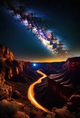 glowing celestial bodies shining above secluded canyon night, astronomical, astronomy, clear, cosmic, cosmos, dark, darkness, enchanting, ethereal, galaxy,