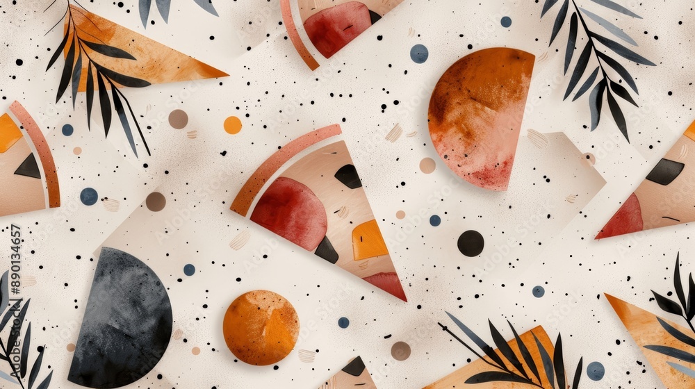 Poster abstract geometric shapes with earthy tones and leaf patterns create a modern and artistic backgroun