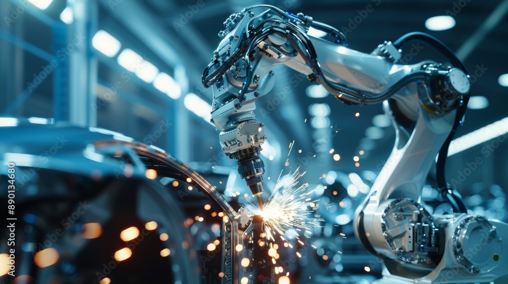 Poster manager engineer controls automation robot arms machine in intelligent factory