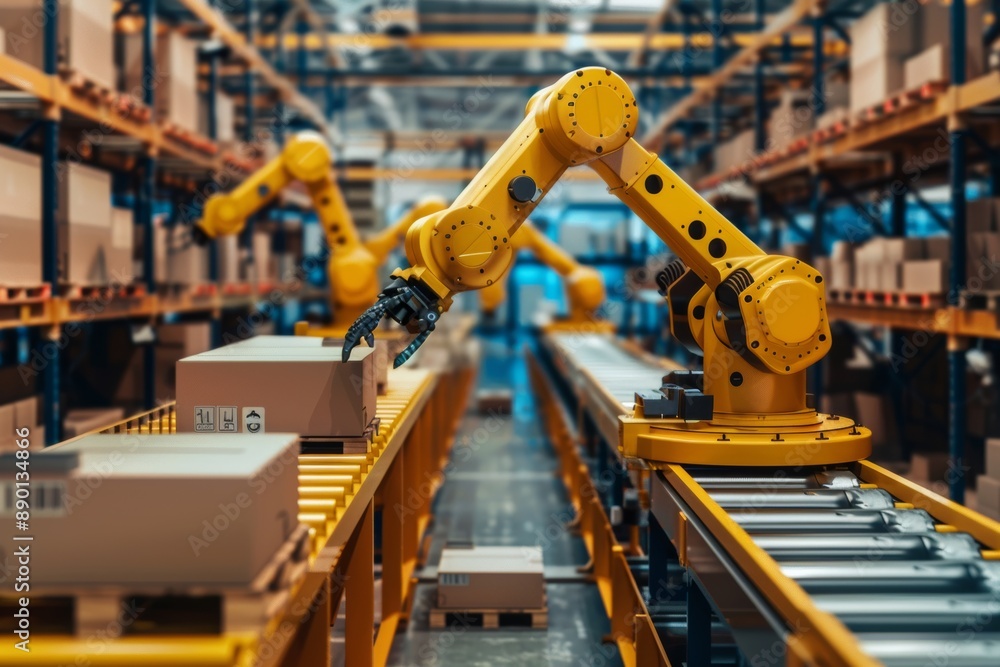 Poster automated warehouse and factory robot arms with smart technology.