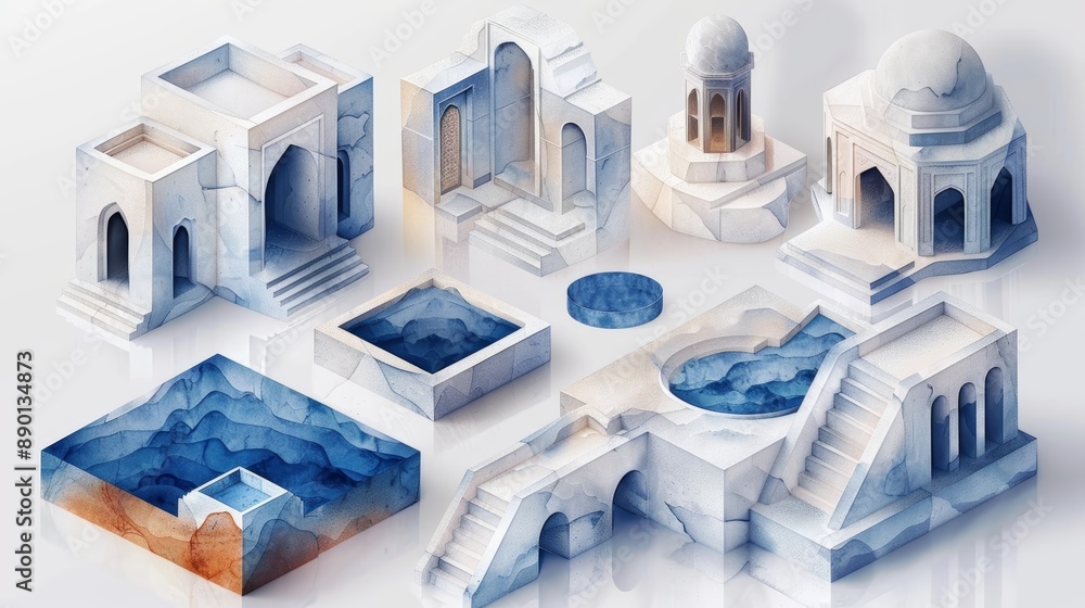 Poster abstract architectural structures in soft pastel hues, featuring geometric shapes and intricate desi