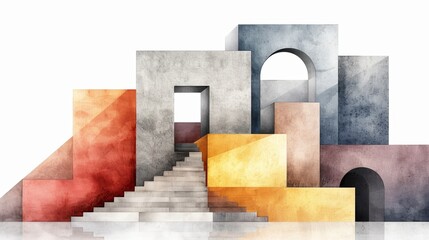 Abstract architectural design with colorful geometric shapes, arches, and stairs, creating a modern and artistic composition.