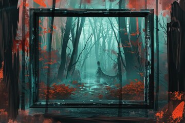 A sophisticated representation of a spooky forest with modern abstract elements, framed in a high-end setting,