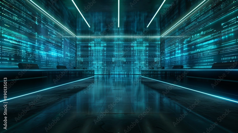 Poster futuristic digital data center with glowing lights, abstract technology backdrop and holographic int