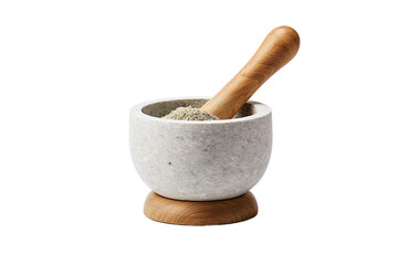 A Stone Mortar and Wooden Pestle Filled With Ground Spice Ready for Use on a Clear PNG or White Background.