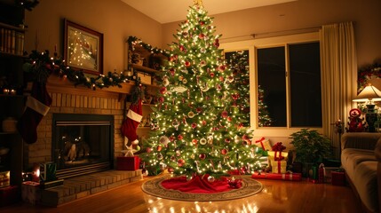 Obraz premium A sparkling Christmas tree with twinkling lights and ornaments creates a warm, joyful atmosphere.