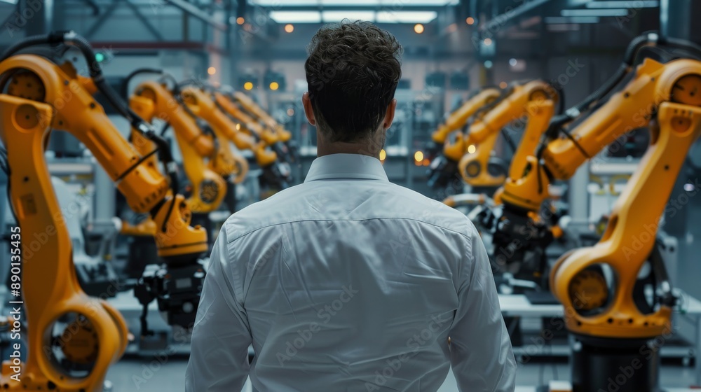 Poster an industrial engineer monitors and controls automated robot arms in real-time using a real-time mon