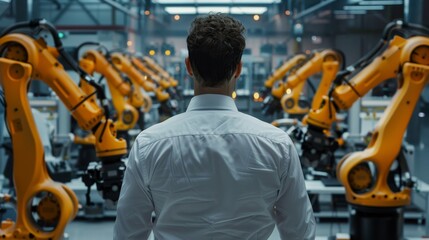 An industrial engineer monitors and controls automated robot arms in real-time using a real-time monitoring system