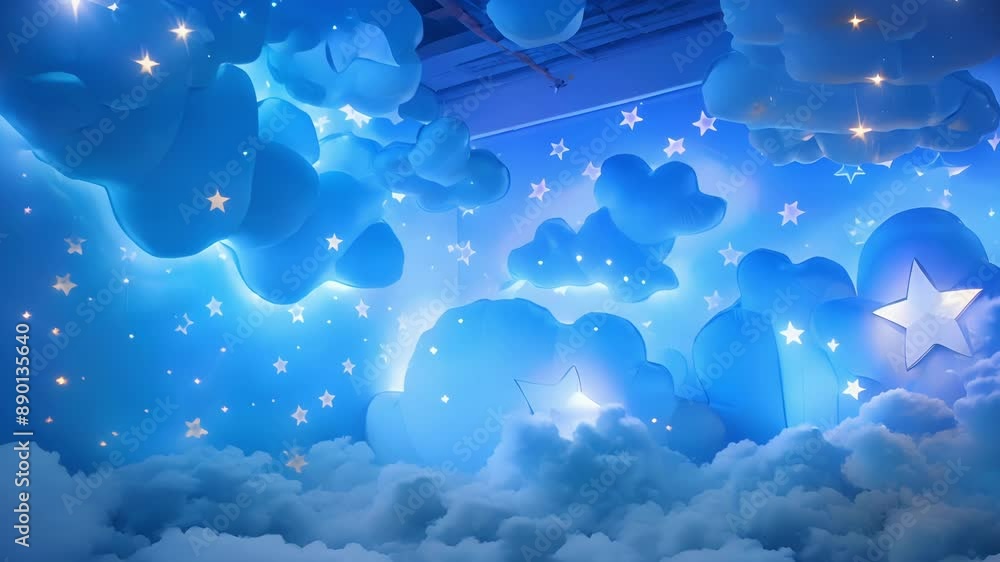 Poster a dreamy setting with glowing inflatable clouds and stars adorning the ceiling creating a magical fe