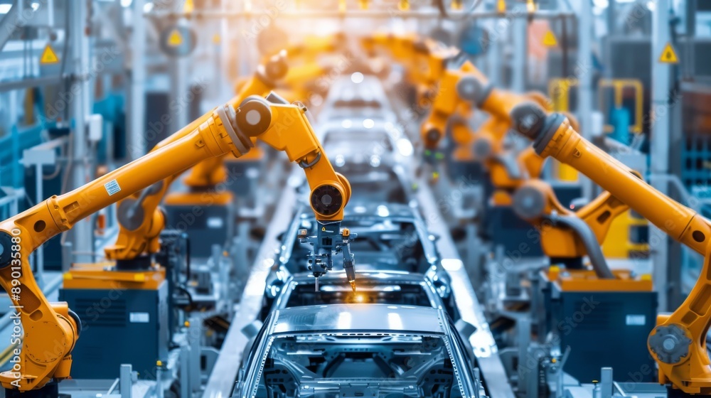 Poster robots are moving and orange in this factory scene. robots are orange and in motion.