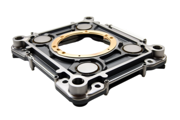 Precision Engineered Metal Component With Circular Aperture and Integrated Magnets on a Clear PNG or White Background.
