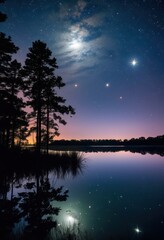 tranquil night sky reflection calm pond surface, water, peaceful, serene, clear, stars, dark, mirror, nature, quiet, beautiful, landscape, evening, moon, shimmering