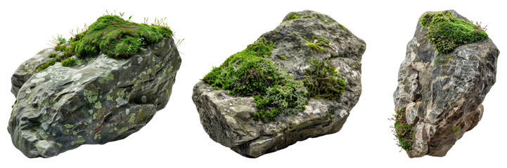 Set of nature mossy rock isolated on transparent background