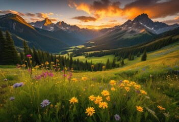 vibrant sunrise light illuminating mountain meadow, glow, nature, landscape, colorful, tranquil, serene, beautiful, scenery, countryside, horizon, peaceful,