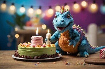 Birthday celebration cake with blue dinosaur toy and colorful sprinkles on wooden table