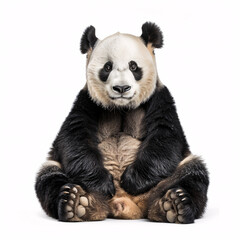 Panda sitting, isolated on white background, closeup portrait.
