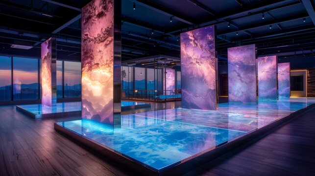 Futuristic digital art installation featuring vibrant LED screens and reflective surfaces, creating a captivating modern visual experience.