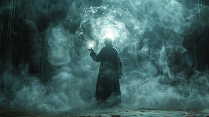 Obraz premium Mysterious figure with glowing orb - generative ai