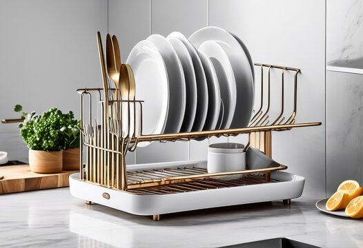 elegant dish racks displayed white modern kitchen organizer, utensils, storage, design, steel, organization, houseware, interior, sleek, household, silver