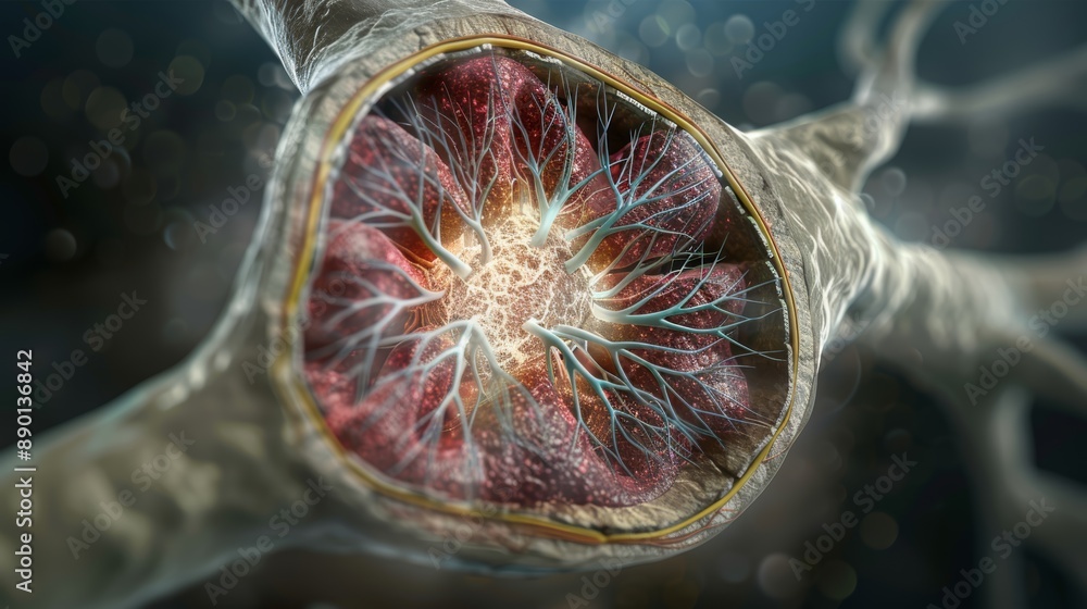 Poster highly detailed 3d rendering of a neuron with electrical activity, showcasing intricate neural netwo