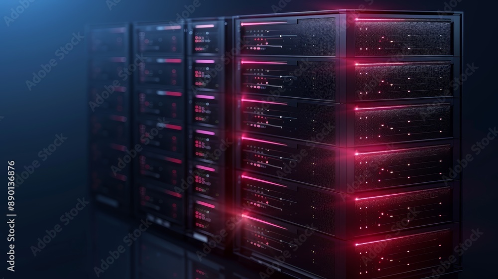 Aufkleber modern server racks glowing with red lights in a dark data center, representing technological advanc