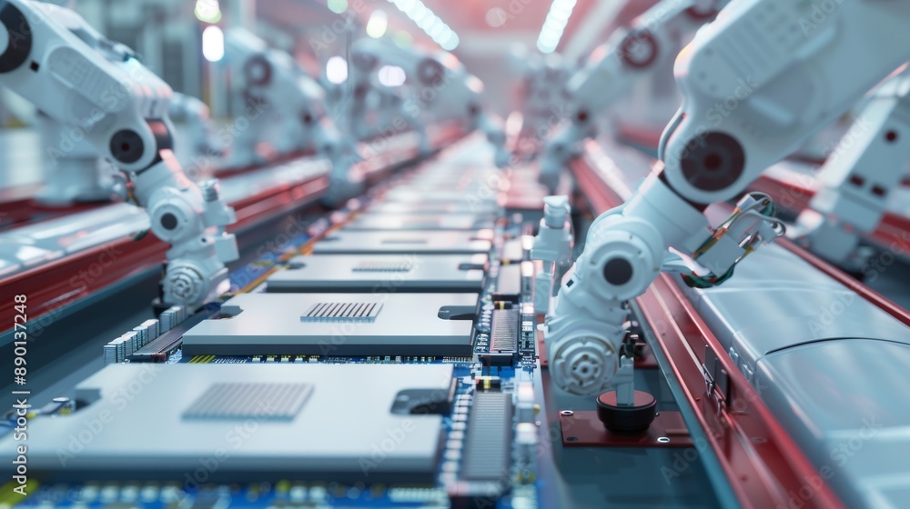 Aufkleber this image depicts two robots working on a conveyor belt, one on the left and one on the right. the 