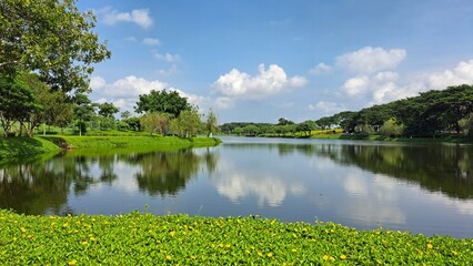 Beautiful lakeside view from a small lake in Indonesia, with green trees and blue sky 
