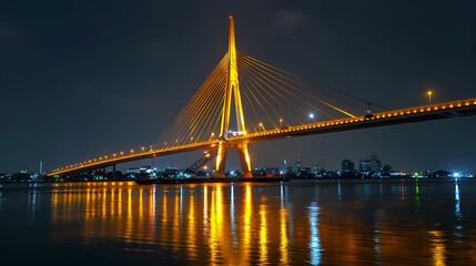 Fototapeta premium The illuminated bridge spans gracefully over the water, reflecting golden lights against the dark night sky.