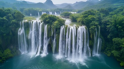 Naklejka premium A stunning aerial view captures the grandeur of multiple cascading waterfalls surrounded by lush greenery and mountainous terrain.