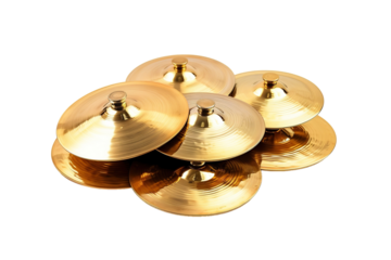 A Symphony of Golden Cymbals in a Still Life on a Clear PNG or White Background.