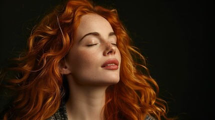 Fototapeta premium A red-haired woman with freckles basks in the warmth of the sunlight, her eyes closed in a moment of serene bliss.