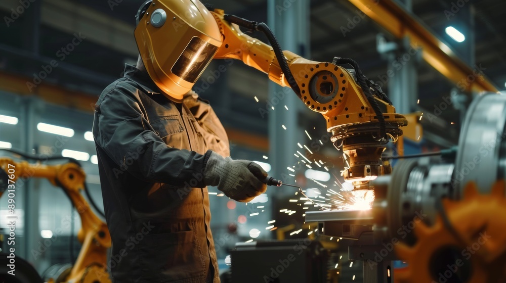 Poster robot welding team in automation factory workers in safety suits work on robotic arms programming so