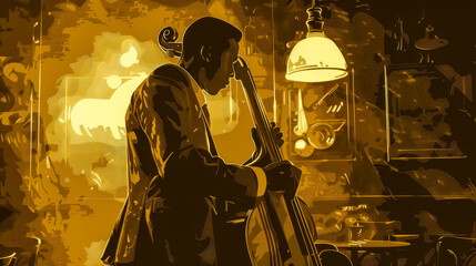 Obraz premium Musician playing double bass in jazz club illustration