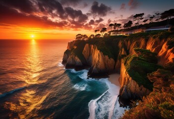 vibrant sunrise illuminating coastal landscape ocean view, horizon, water, sky, morning, dawn, sunlight, beach, waves, nature, beauty, picturesque, scenery