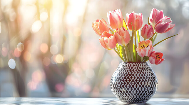 Art deco vase with geometric patterns holding elegant tulips, blurred background. Generative AI illustration