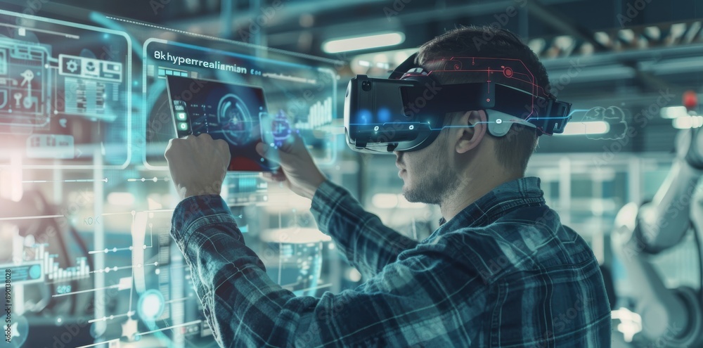 Poster welding robotics and digital manufacturing arm, stock, engineer using tablet to control automation r