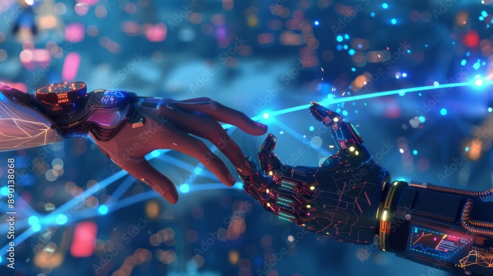 Poster hands of a robot and human connecting with holographic data streams in the background, demonstrating