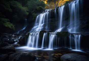 Obraz premium moonlit waterfall hidden illuminated moonlight, shadows, scenery, serene, tranquil, mystical, magical, picturesque, peaceful, remote, secluded, beautiful, night