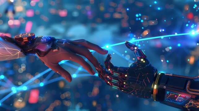 Hands of a robot and human connecting with holographic data streams in the background, demonstrating the effectiveness of stock