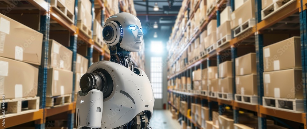 Poster robots in warehouses filled with countless boxes symbolize advanced logistics and automation.