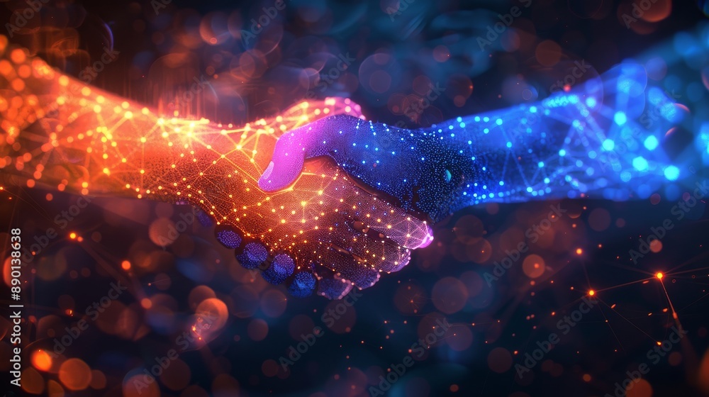 Poster a close-up of robot hands in a handshake on a futuristic digital background with glowing dots and li