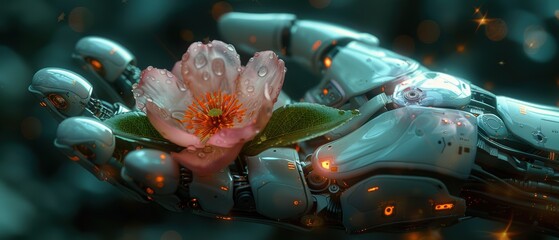 A cybernetic hand gently holding a blooming flower, blending technology and nature.