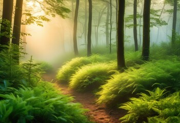 tranquil forest bathed morning mist, trees, serene, peaceful, nature, fog, woods, calm, green, atmosphere, sunlight, dawn, landscape, beauty, haze, scenery