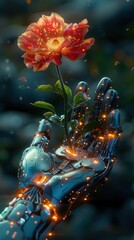 A cybernetic hand gently holding a blooming flower, blending technology and nature.