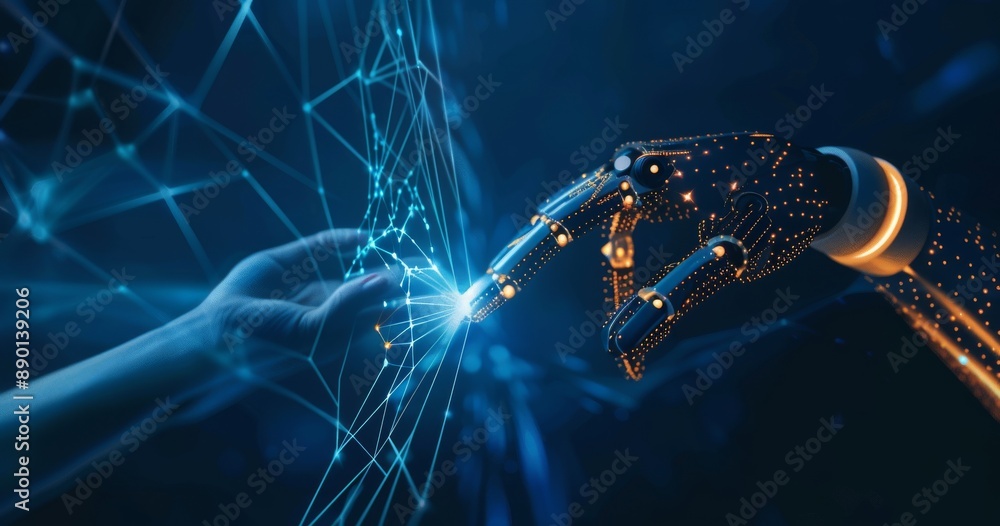 Poster the hands of robots and humans touching the background of big data network connections is a mix of s