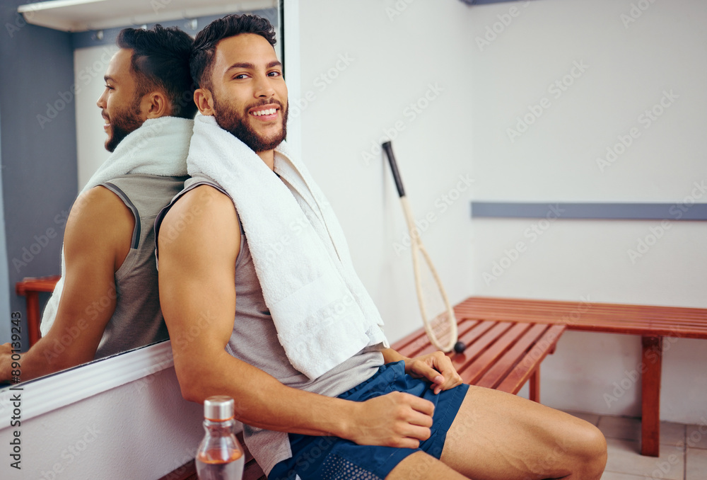 Poster Portrait, athlete and rest in gym, towel and squash player with smile, tired and bottle of water and healthy. Fatigue, relax and practice of sports for man, commitment and champion with fitness