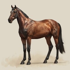 Obraz premium A Bay Thoroughbred Horse Standing Against a Light Background